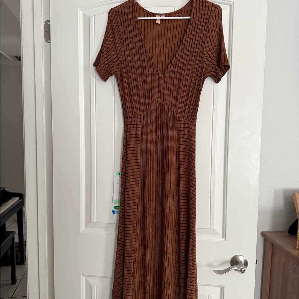 Striped Brown V-Neck Dress